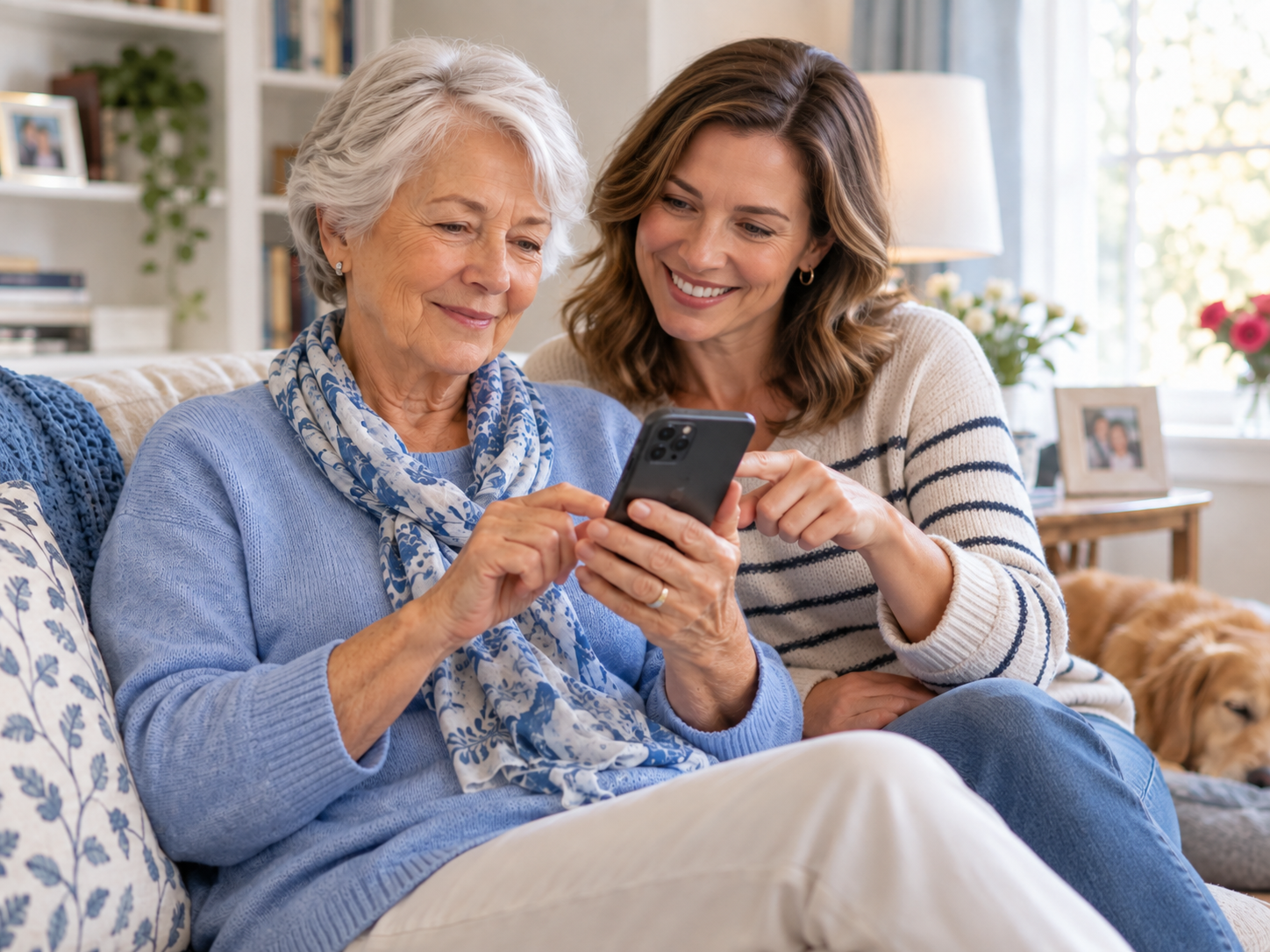 An older adult and a trusted family member calmly reviewing information on a smartphone together